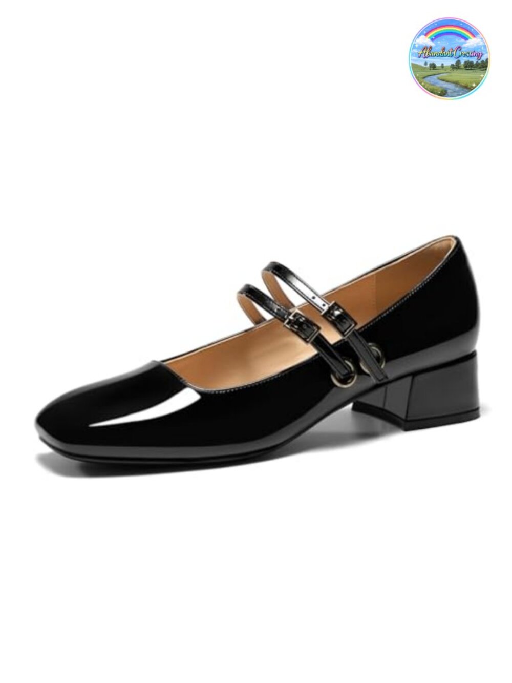 Women's Mary Jane Low Heels Double Strap Square Toe Pumps Faux Leather